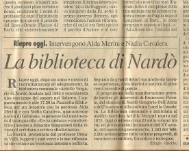 La biblioteca di Nardò. Riapre oggi. Intervengono Alda Merini e Nadia Cavalera