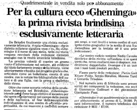 “Per la cultura, ecco Gheminga, la prima rivista brindisina esclusivamente letteraria”, «Quotidiano», febbraio 1988